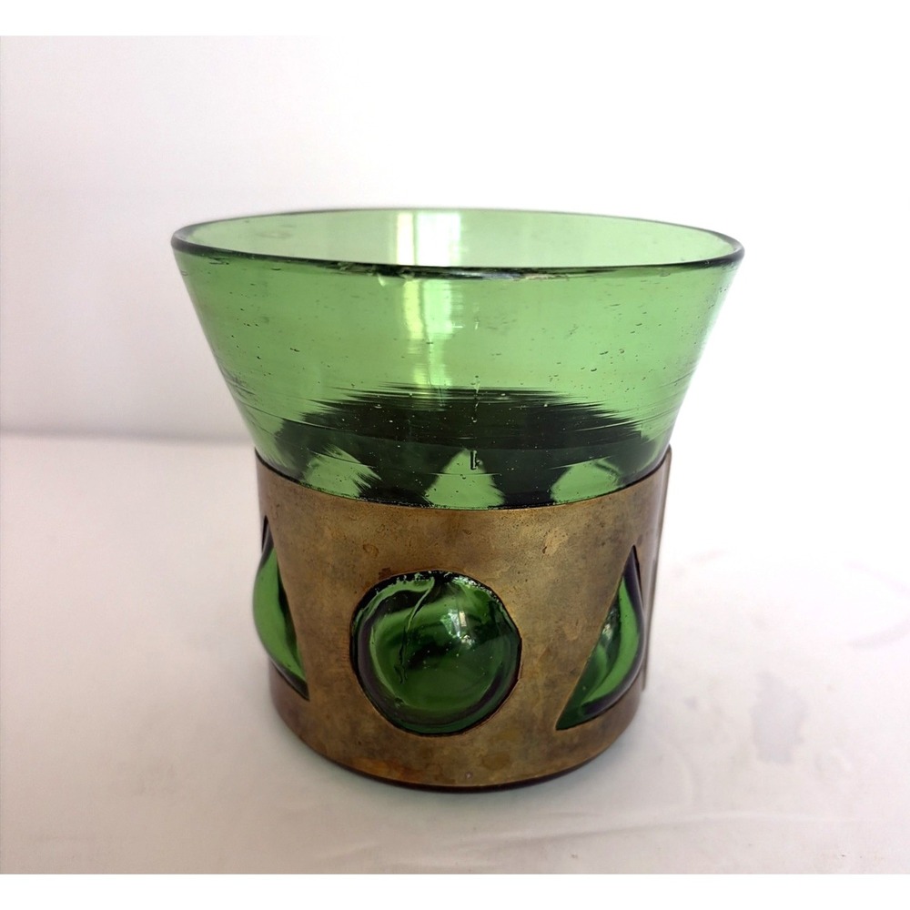 Felipe Derflingher Rocks Glass Caged Green Glass Brass 14 oz Handmade Vintage